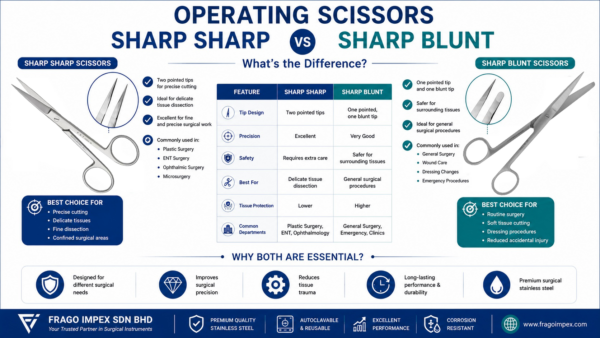 Sharp-Sharp vs Sharp-Blunt Operating Scissors comparison showing pointed and blunt blade tips used during surgical procedures.