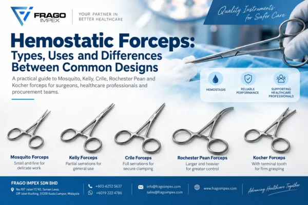 Hemostatic forceps types including Mosquito, Kelly, Crile, Rochester Pean and Kocher forceps