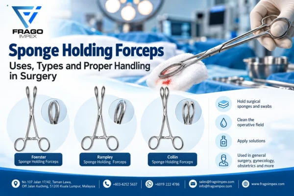 Sponge holding forceps including Foerster, Rampley and Collin types used in surgery