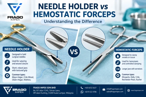 Needle holder vs hemostatic forceps showing differences in surgical instrument design and use